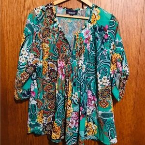 Roaman's Size 14W Floral Print Women's Top - Green and Multicolor Tunic Blouse